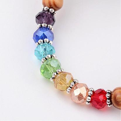 Bois perles rondes enfants bracelets bracelets extensibles, avec des perles en verre et des accessoires en alliage, 44mm