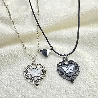 2Pcs 2 Style Heart with Butterfly Alloy Enamel Pendant Necklaces Set, Matching Couple Necklaces with Magnetic Clasps