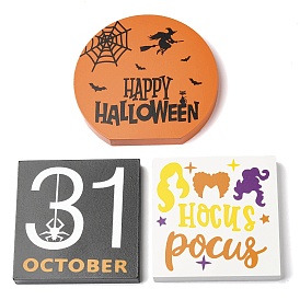 Halloween Theme Ornaments, Wooden Home Desktop Display Decoration, Flat Round/Square