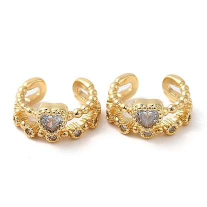 Rack Plating Brass Micro Pave Cubic Zirconia Heart Cuff Earrings, Non Piercing Earrings, Cadmium Free & Lead Free