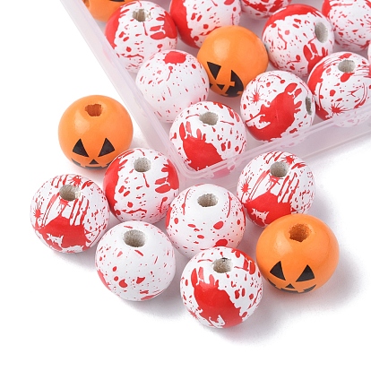 40 pcs 4 couleurs thème halloween imprimé perles en bois naturel, rond avec main ensanglantée & motif sang & citrouille