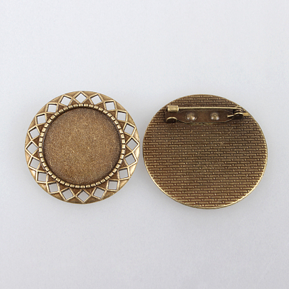 Vintage Alloy Brooch Cabochon Bezel Settings, with Iron Pin Brooch Back Bar Findings, Flat Round, Cadmium Free & Nickel Free & Lead Free