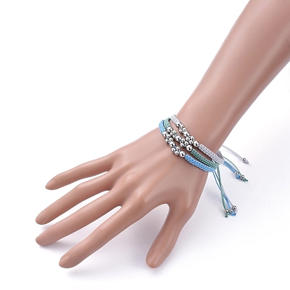 Ensembles réglables de bracelets de perles tressés de fil de nylon, Avec des billes rondes en laiton
