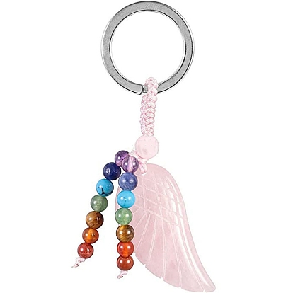 7 Chakra Natural Pendant Keychain, with Platinum Tone Alloy Key Rings and Gemstone Round Beads