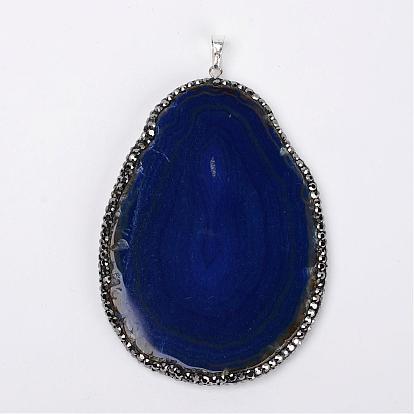 Pépites agate naturel gros pendentifs, avec des accessoires en laiton plaqué platine et strass, teint, 50~95x25~60x4~8mm, Trou: 2mm