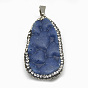 Natural Azurite Big Pendants, with Rhinestone and Brass Finding, Nuggets, Platinum