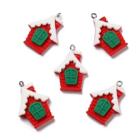 Opaque Resin Pendants, with Platinum Tone Iron Loops, Christmas Theme, House