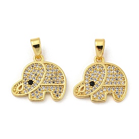 Real 18K Gold Plated Rack Plating Brass Micro Pave Cubic Zirconia Pendants, Long-Lasting Plated, Lead Free & Cadmium Free, Elephant
