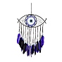Iron Woven Web/Net with Feather Pendant Decorations, with Wood and Plastic Beads, Covered with Lint and Cotton Cord, Evil Eye