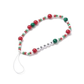 Christmas Glass Beaded Mobile Straps, with Natural Dyed Mashan Jade & Synthetic Malachite Beads, Nylon Thread Mobile Accessories Decoration, Word Merry