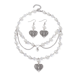 Ensemble de bijoux coeur en alliage de style tibétain, boucles d'oreilles pendantes en perles de verre et collier plastron avec chaînes en acier inoxydable