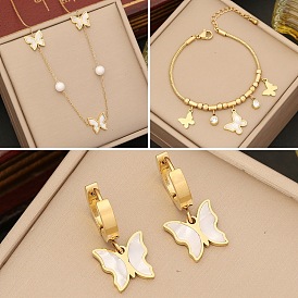 Élégant ensemble de bijoux papillon en perles blanches avec collier en acier inoxydable n