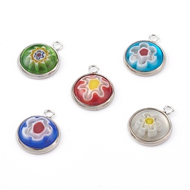 Handmade Millefiori Glass Pendants, with 304 Stainless Steel Pendant Cabochon Settings, Flat Round, Stainless Steel Color