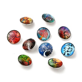 Cabochons de verre en laiton boutons, boutons bijoux snap, plat rond avec motif arbre, 18x10mm, Bouton: 5~5.5 mm