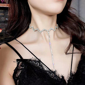 Fashionable European and American Full Diamond Wavy Necklace T-shaped Long Necklace Female