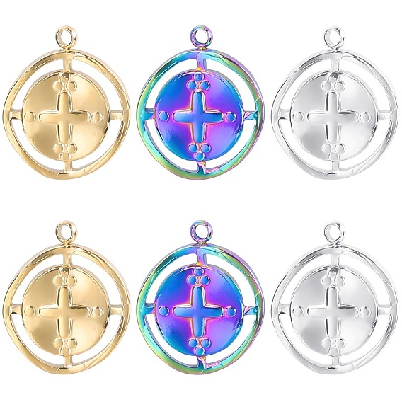 Stainless Steel Pendants, Flat Round with Cross