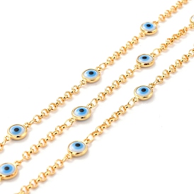 Handmade Brass Rolo Chains, with Enamel, Real 18K Gold Plated, Unwelded, Flat Round with Evil Eye, with Spool