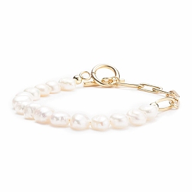 Natural Pearl Beaded Bracelet with Brass Paperclip Chains for Women, Golden