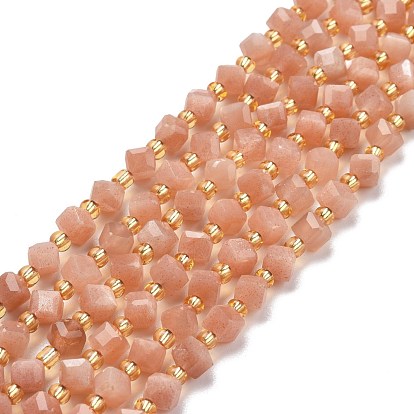 Natural Peach Moonstone Beads Strands, with Seed Beads, Faceted, Diagonal Cube Beads