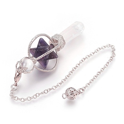 Natural Gemstone Dowsing Pendulums, with Platinum Tone Brass Findings, Merkaba Star
