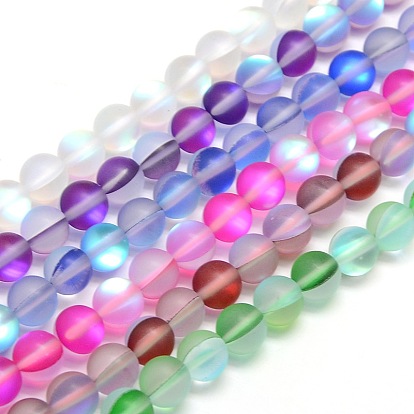 Brins synthétiques de perles de lune, teint, perles holographiques, demi couleur ab plaqué, givré, ronde