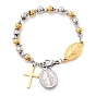 304 Stainless Steel Charm Bracelets, with Round Beads, Cross & Oval with Saint