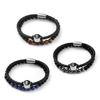 Unisex Leather Cord Bracelet and Stretch Bracelet Jewelry Sets, Stackable Bracelets, with Gemstone Beads, 304 Stainless Steel Magnetic Clasps and Enamel Beads, with Burlap Bag