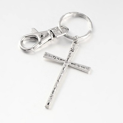 Porte-clés croix en alliage, avec anneau en fer et en alliage pivotant homard fermoirs griffe, 88mm