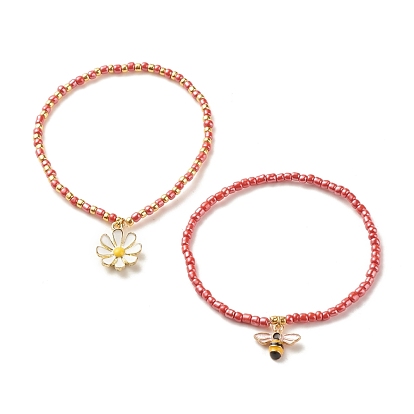 2набор эластичных браслетов из стеклянных бусин, браслет из сплава эмали с пчелами и цветком для женщин