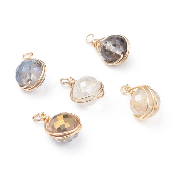 Electroplate Glass Pendants, with Brass Findings, Faceted, Oval
