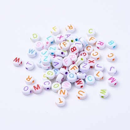 Acrylic Horizontal Hole Letter Beads, Craft Style, Flat Round, Mixed Color, 7x3mm, hole: 1.5mm