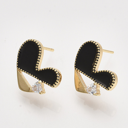 Brass Enamel Stud Earring Findings, with Cubic Zirconia and Loop, Real 18K Gold Plated, Nickel Free, Heart, Clear