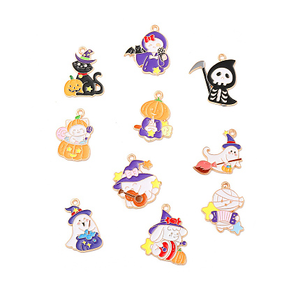 Halloween Theme Alloy Enamel Pendants, Light Gold, Ghost/Mummy/Cat/Witch/Pumpkin Charm