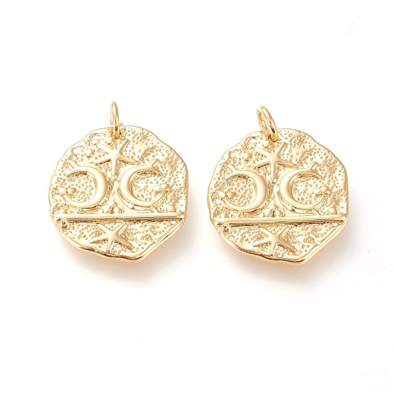Brass Pendants, with Jump Rings, Long-Lasting Plated, Flat Round with Moon & Star