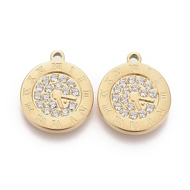 316 Surgical Stainless Steel Micro Pave Clear Cubic Zirconia Charms, Flat Round with Roman Numerals Clock