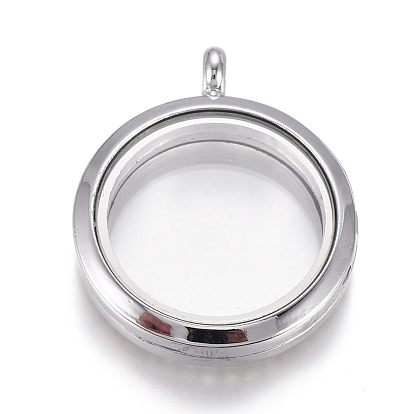 Flat Round Alloy Rhinestone Magnetic Locket Pendants, Photo Frame Living Memory Floating Charms, with Glass Cover