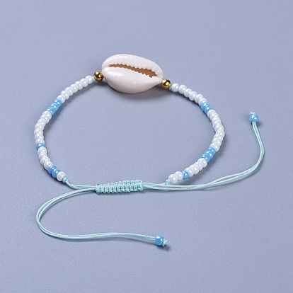 Adjustable Glass Seed Bead Braided Bead Bracelets, with Brass Beads and Cowrie Shell Beads, Braided Nylon Thread, Golden