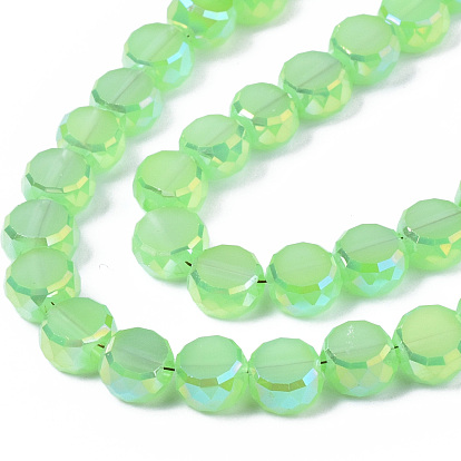 Electroplate Transparent Glass Beads Strands, AB Color Plated, Imitation Jade Glass, Faceted, Flat Round