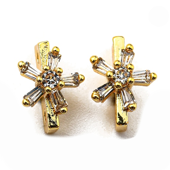 Rack Plating Brass Pave Cubic Zirconia Slide Charms, Cadmium Free & Lead Free, Long-Lasting Plated, Real 18K Gold Plated