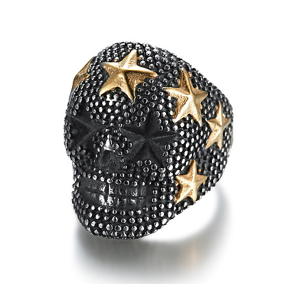 Skull with Star Chunky Wide Band Ring, Gunmetal 316 Stainless Steel Halloween Jewelry for Women