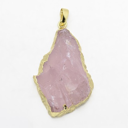 Natural Madagascar Rose Quartz Electroplate Big Pendants, with Brass Findings, 40~50x25~30x8~14mm, Hole: 5x8mm