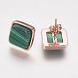 Gemstone Stud Earrings, with Brass Findings, Real Rose Gold Plated, Square