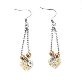 304 Stainless Steel Dangle Earrings, with Crystal Rhinestone and Ball Chains, Heart