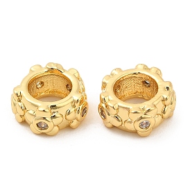 Brass Micro Pave Cubic Zirconia European Beads, Large Hole Beads, Flat Round with Flower