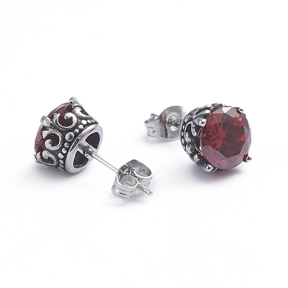 Retro 304 Stainless Steel Stud Earrings, with Cubic Zirconia and Ear Nuts, Crown, Red