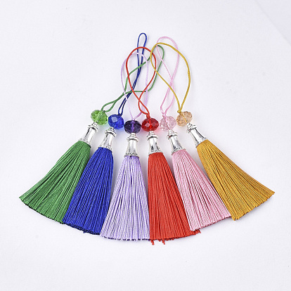 Polyester Tassel Big Pendant Decorations, with Alloy Findings and Glass Beads, Antique Silver