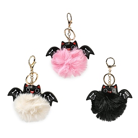 Porte-clés en alliage d'Halloween, avec simili cuir pu et pompon en peluche, chauve-souris
