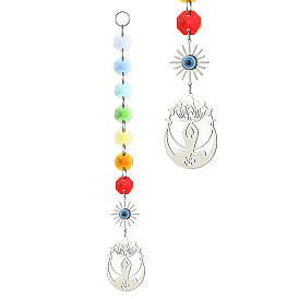 201 Stainless Steel Yoga with Lotus Pendant Decorations, with Glass Octagon and Brass Resin Evil Eye Link, for Home Decorations, Sun