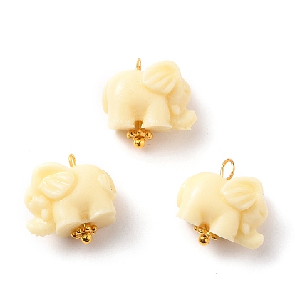 Pendentifs en corail synthétique teint, avec des perles d'espacement en alliage et des broches à tête sphérique en laiton doré, éléphant