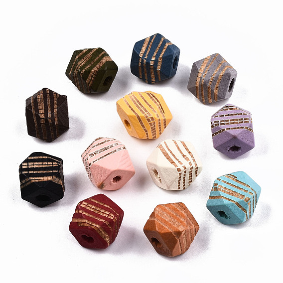 Painted Natural Wood Beads, Laser Engraved Pattern, Faceted, Polygon with Zebra-Stripe